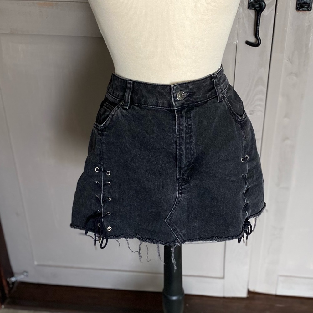 Topshop Moto Black Denim Skirt with Tie Detail